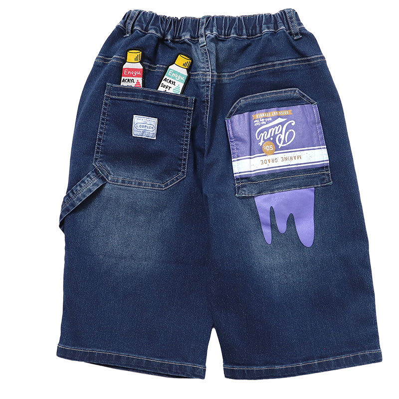 ハーフパンツ デニムパンツ キッズ ジュニア ボーイズ 120 130 140 150 160cm ストレッチ ウエストゴム 子供服 本格デニム バックプリント ワッペン プリント 動きやすい 通学 おでかけ エルコペック おしゃれ かっこいい