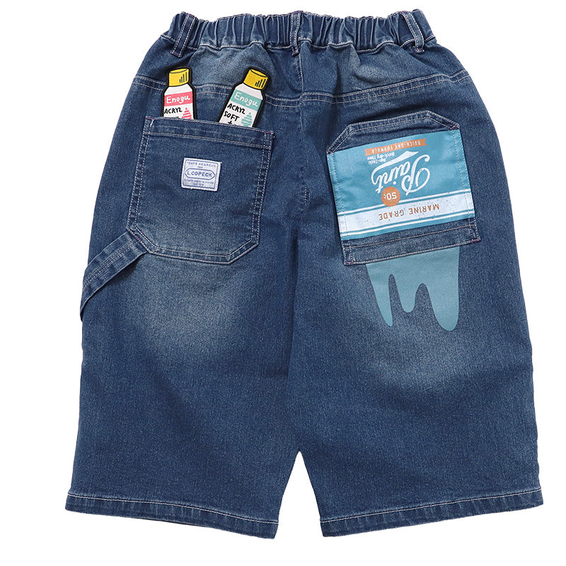 ハーフパンツ デニムパンツ キッズ ジュニア ボーイズ 120 130 140 150 160cm ストレッチ ウエストゴム 子供服 本格デニム バックプリント ワッペン プリント 動きやすい 通学 おでかけ エルコペック おしゃれ かっこいい