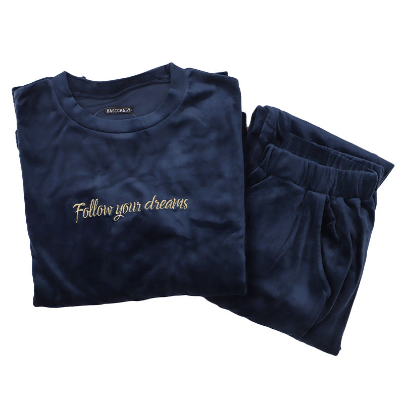 パジャマ レディース 上下セット ベロア 秋 冬 かわいい 丸首 長袖 M-L あったか 暖かい やわらかい シンプル ストレッチ 薄手 上下 シャギー ルームウエア 無地 婦人 刺繍 ロゴ 防寒 寒さ対策 冷え対策