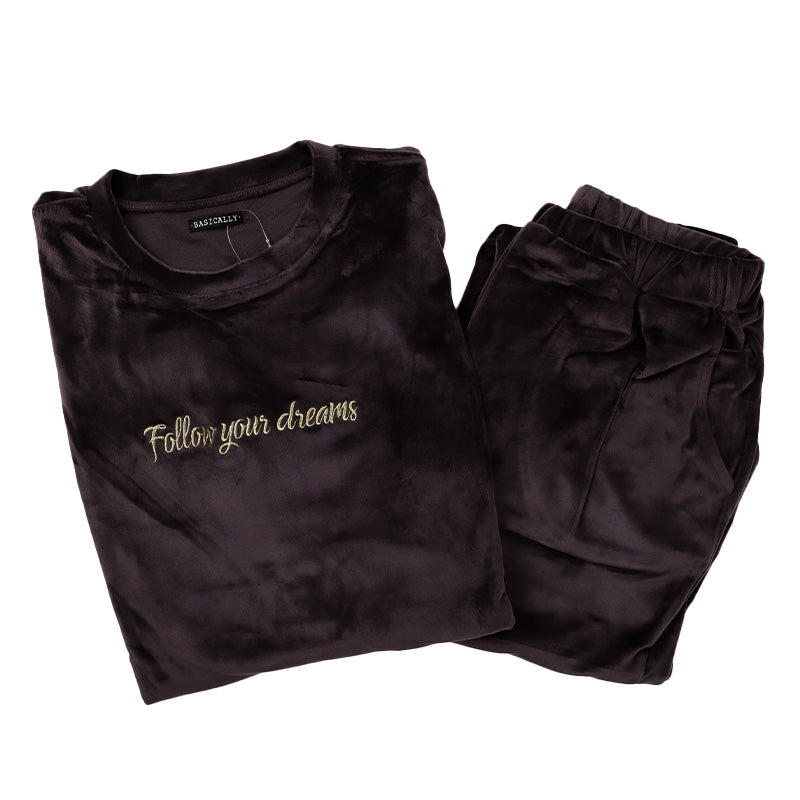 パジャマ レディース 上下セット ベロア 秋 冬 かわいい 丸首 長袖 M-L あったか 暖かい やわらかい シンプル ストレッチ 薄手 上下 シャギー ルームウエア 無地 婦人 刺繍 ロゴ 防寒 寒さ対策 冷え対策