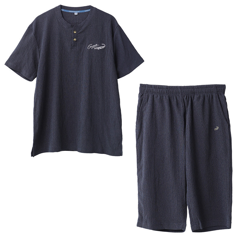 メンズ パジャマ 半袖 ハーフパンツ クロコダイル ニット楊柳 クレープ M L LL Tスーツ 上下セット ヘンリーネック 夏 春夏 涼しい さらっと 肌離れ ゆったり 軽い 部屋着 ルームウェア 寝間着 紳士 男性 父の日 ギフト 半ズボン 夏用 リラックス