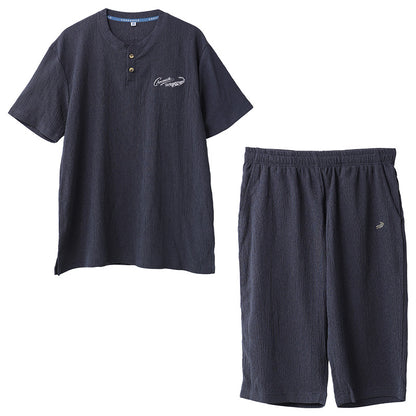 メンズ パジャマ 半袖 ハーフパンツ クロコダイル ニット楊柳 クレープ M L LL Tスーツ 上下セット ヘンリーネック 夏 春夏 涼しい さらっと 肌離れ ゆったり 軽い 部屋着 ルームウェア 寝間着 紳士 男性 父の日 ギフト 半ズボン 夏用 リラックス