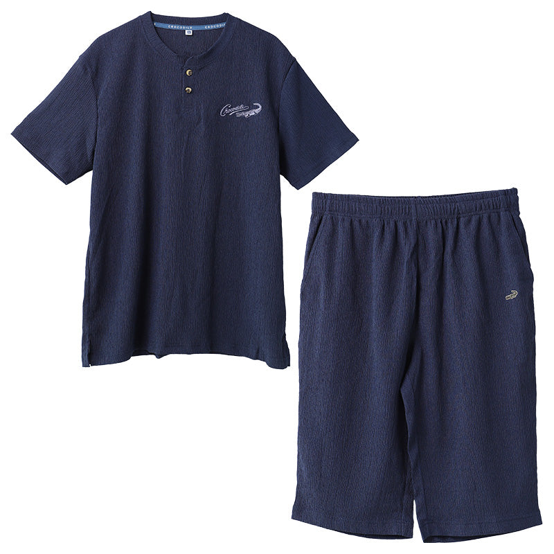 メンズ パジャマ 半袖 ハーフパンツ クロコダイル ニット楊柳 クレープ M L LL Tスーツ 上下セット ヘンリーネック 夏 春夏 涼しい さらっと 肌離れ ゆったり 軽い 部屋着 ルームウェア 寝間着 紳士 男性 父の日 ギフト 半ズボン 夏用 リラックス