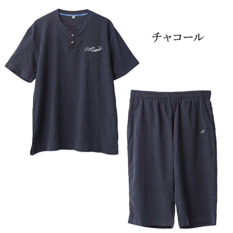 メンズ パジャマ 半袖 ハーフパンツ クロコダイル ニット楊柳 クレープ M L LL Tスーツ 上下セット ヘンリーネック 夏 春夏 涼しい さらっと 肌離れ ゆったり 軽い 部屋着 ルームウェア 寝間着 紳士 男性 父の日 ギフト 半ズボン 夏用 リラックス