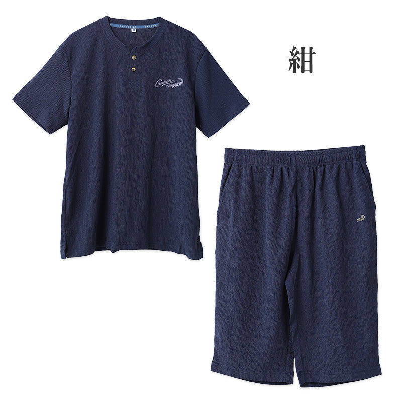 メンズ パジャマ 半袖 ハーフパンツ クロコダイル ニット楊柳 クレープ M L LL Tスーツ 上下セット ヘンリーネック 夏 春夏 涼しい さらっと 肌離れ ゆったり 軽い 部屋着 ルームウェア 寝間着 紳士 男性 父の日 ギフト 半ズボン 夏用 リラックス
