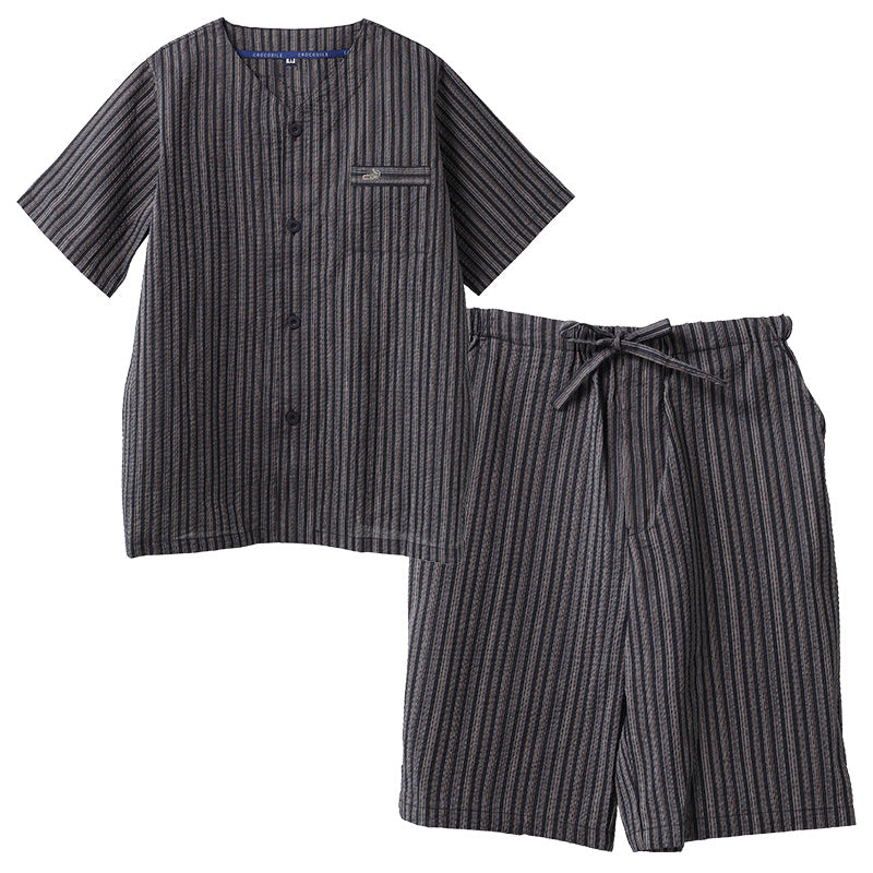 メンズ パジャマ 甚平 クロコダイル 綿100％ しじら織り 前開き 上下セット 半袖 ハーフパンツ M L LL 夏 春夏 涼しい さらっと 肌離れ ゆったり 部屋着 ルームウェア 寝間着 紳士 男性 父の日 ギフト ウエストゴム リラックス