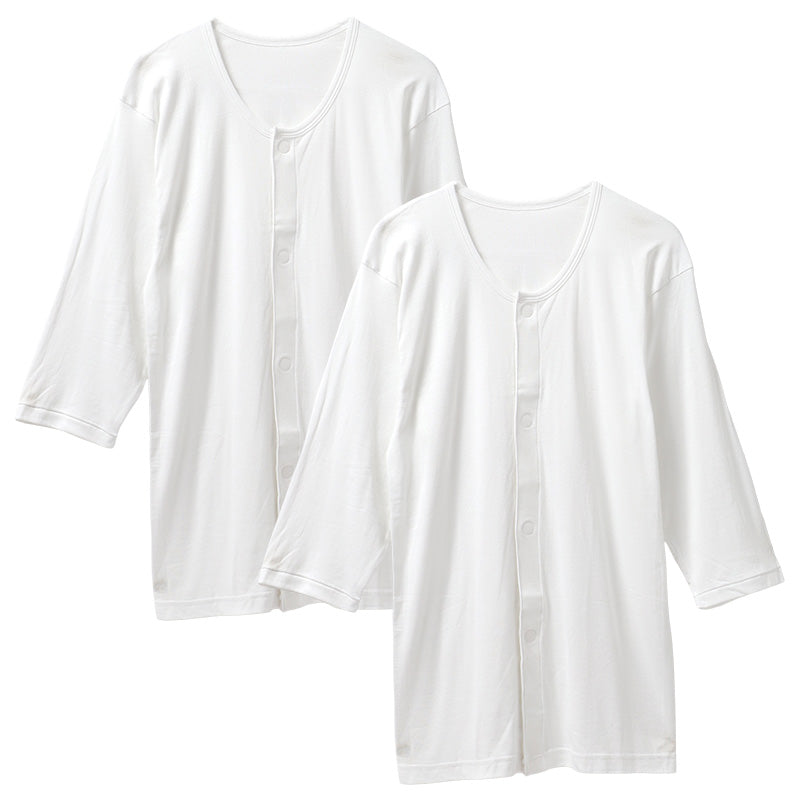 ワンタッチ肌着 メンズ 前開き 7分袖 2枚組 綿100 抗菌防臭 丸型ワンタッチテープ CARON キャロン S M L LL シャツ 介護 肌着 紳士 下着 インナー 入院 シニア 高齢者 着脱簡単 白 ホワイト 面ファスナー 介護用 前あき シャツ 介護下着 通院
