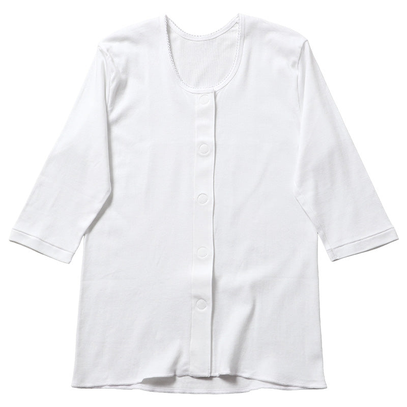 ワンタッチ肌着 レディース 前開き 7分袖シャツ 綿100 CARON キャロン M L LL 制菌 消臭 ソフトワンタッチテープ 婦人 肌着 下着 インナー 介護 入院 シニア 高齢者 着脱簡単 面ファスナー 女性用 介護肌着 前あき 七分袖 コットン 介護インナー