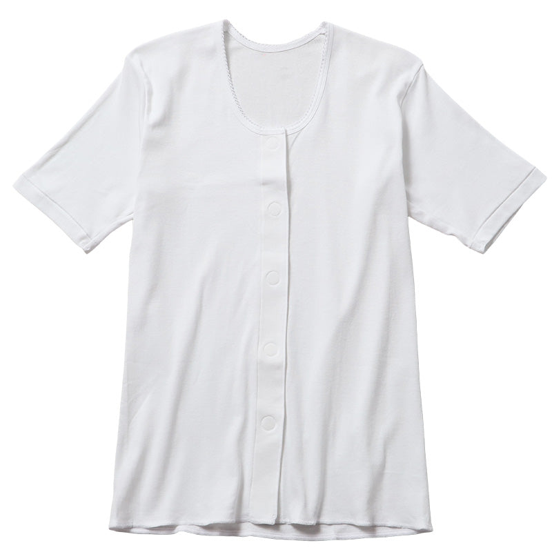 ワンタッチ肌着 レディース 前開き 3分袖シャツ 綿100 CARON キャロン M L LL 半袖 制菌 消臭 ソフトワンタッチテープ 婦人 肌着 下着 インナー 介護 入院 シニア 高齢者 着脱簡単 面ファスナー 女性用 介護肌着 前あき 三分袖 コットン 介護