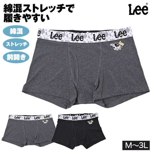 Lee リー ボクサーパンツ メンズ 綿混 ストレッチ 前開き ボクサーブリーフ コットン 伸縮 ウエストゴム うし柄 牛柄 M L LL 3L ワンポイント 刺繍 男性 紳士 下着 インナー アンダーウェア 中学生 高校生 学生 ティーン おしゃれ かわいい