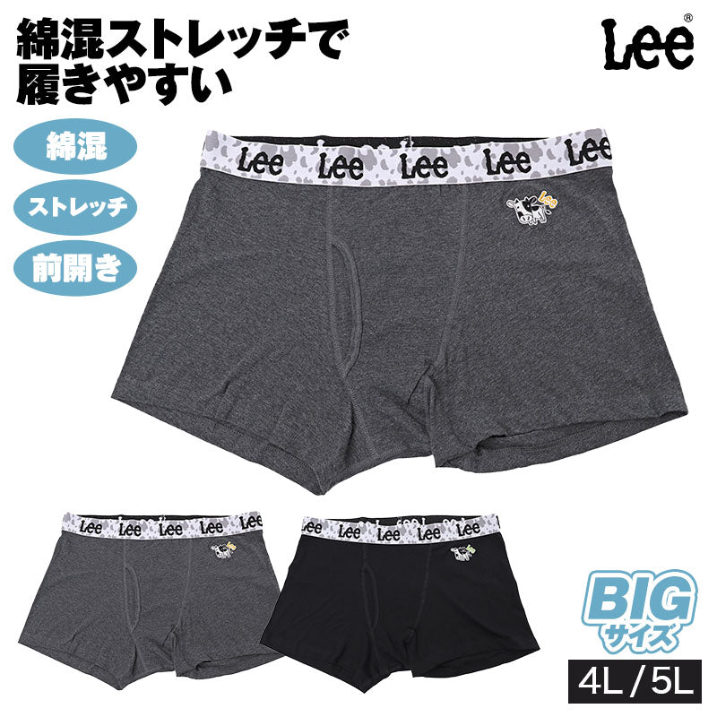 ボクサーパンツ メンズ 大きいサイズ 綿混 ストレッチ 前開き ボクサーブリーフ Lee リー コットン 伸縮 4L 5L ウエストゴム 大寸 ワンポイント うし柄 牛柄 刺繍 男性 紳士 下着 インナー アンダーウェア おしゃれ カジュアル デイリー 普段使い