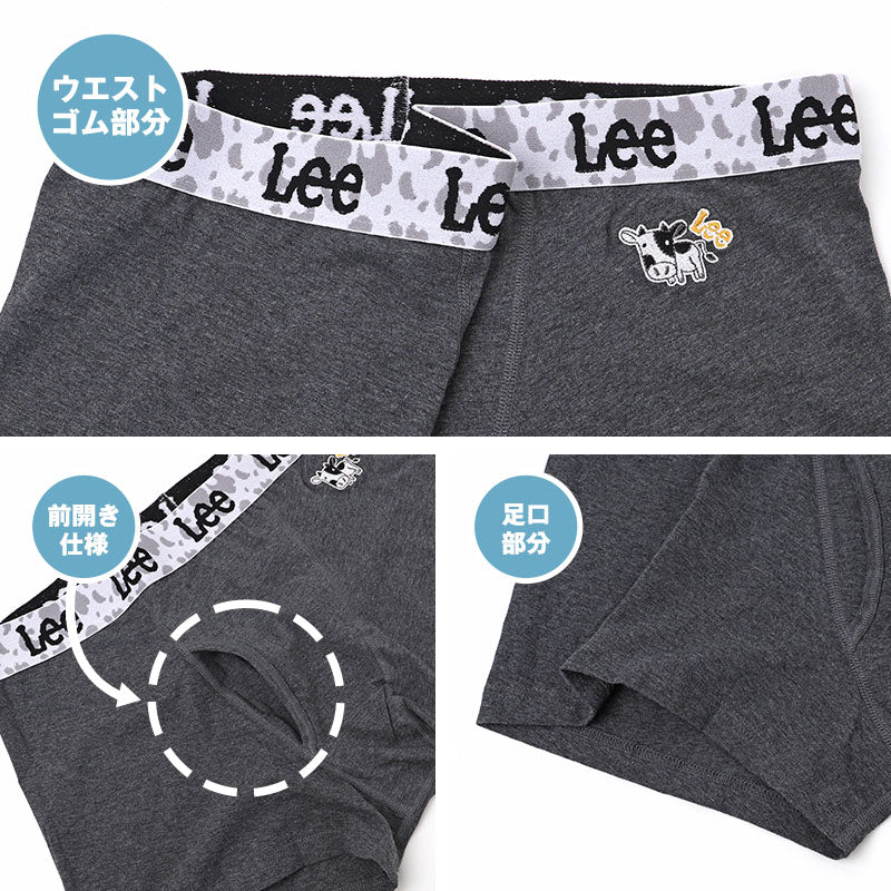 ボクサーパンツ メンズ 大きいサイズ 綿混 ストレッチ 前開き ボクサーブリーフ Lee リー コットン 伸縮 4L 5L ウエストゴム 大寸 ワンポイント うし柄 牛柄 刺繍 男性 紳士 下着 インナー アンダーウェア おしゃれ カジュアル デイリー 普段使い