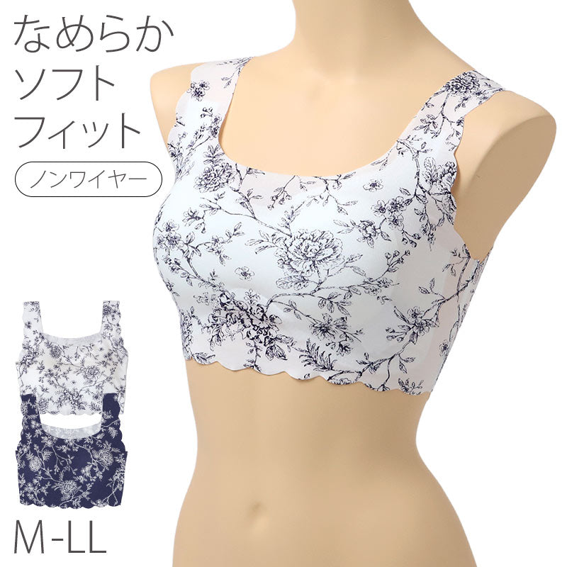 レーヨン混 ノンワイヤーブラ ハーフトップ シームレス ブラジャー レディース M L LL 花柄 ホックなし アンダーゴムなし ストレッチ ピーナッツパッド パッド付き かぶりタイプ 響きにくい 楽ちん 下着 肌着 インナー らくブラ おうちブラ (取寄せ)