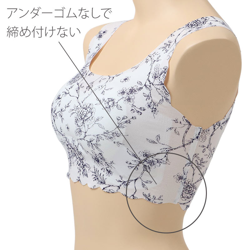 レーヨン混 ノンワイヤーブラ ハーフトップ シームレス ブラジャー レディース M L LL 花柄 ホックなし アンダーゴムなし ストレッチ ピーナッツパッド パッド付き かぶりタイプ 響きにくい 楽ちん 下着 肌着 インナー らくブラ おうちブラ (取寄せ)