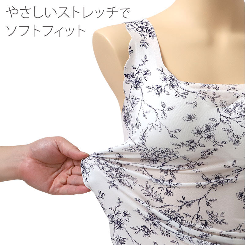 レーヨン混 ノンワイヤーブラ ハーフトップ シームレス ブラジャー レディース M L LL 花柄 ホックなし アンダーゴムなし ストレッチ ピーナッツパッド パッド付き かぶりタイプ 響きにくい 楽ちん 下着 肌着 インナー らくブラ おうちブラ (取寄せ)