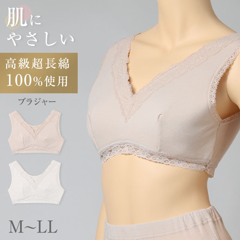 綿100% 高級超長綿 ノンワイヤーブラ レディース らくブラ ブラジャー ブラ M L LL 下着 肌着 綿 ストレッチ 伸縮 吸放湿性 吸湿 放湿 やわらかい 柔らかい 肌ざわり レース おしゃれ パッドなし 婦人 女性 春夏 秋冬 (取寄せ)