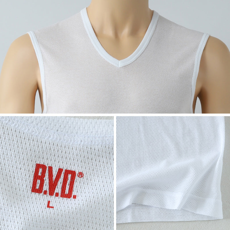 BVD メンズ インナー ノースリーブ vネック スリーブレス メッシュ 2枚組 M～LL bvd tシャツ インナーシャツ 肌着 下着 v首 タンクトップ ランニング 春夏 ホワイト 白 M L LL (在庫限り)