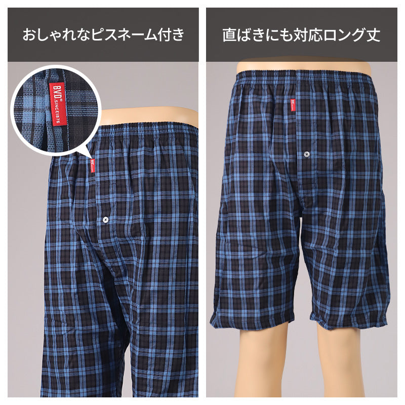 BVD ステテコ bvd メンズ パンツ 綿100 前あき 膝上 M L LL ロングトランクス ルームパンツ ワイドパンツ 涼しい 涼感 B.V.D. 肌着 インナー チェック ストライプ ビーブイディー 男 mens 前開き 柄パンツ 柄パン
