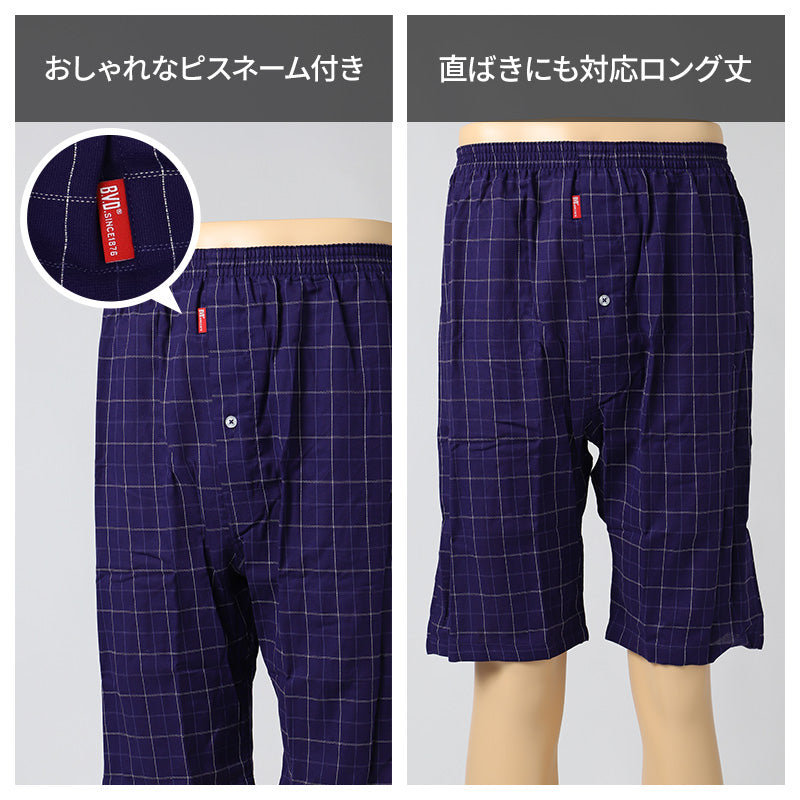 トランクス メンズ 綿100 ロング パナマ織り 前開き ボタン 綿涼 BVD B.V.D. M L LL 男性 下着 インナー パンツ 直ばき対応 ひざ上丈 膝上 ロング丈 ゆったり さらさら 通気性 涼しい 夏 蒸れにくい ベタつきにくい コットン 紳士 肌着 お父さん