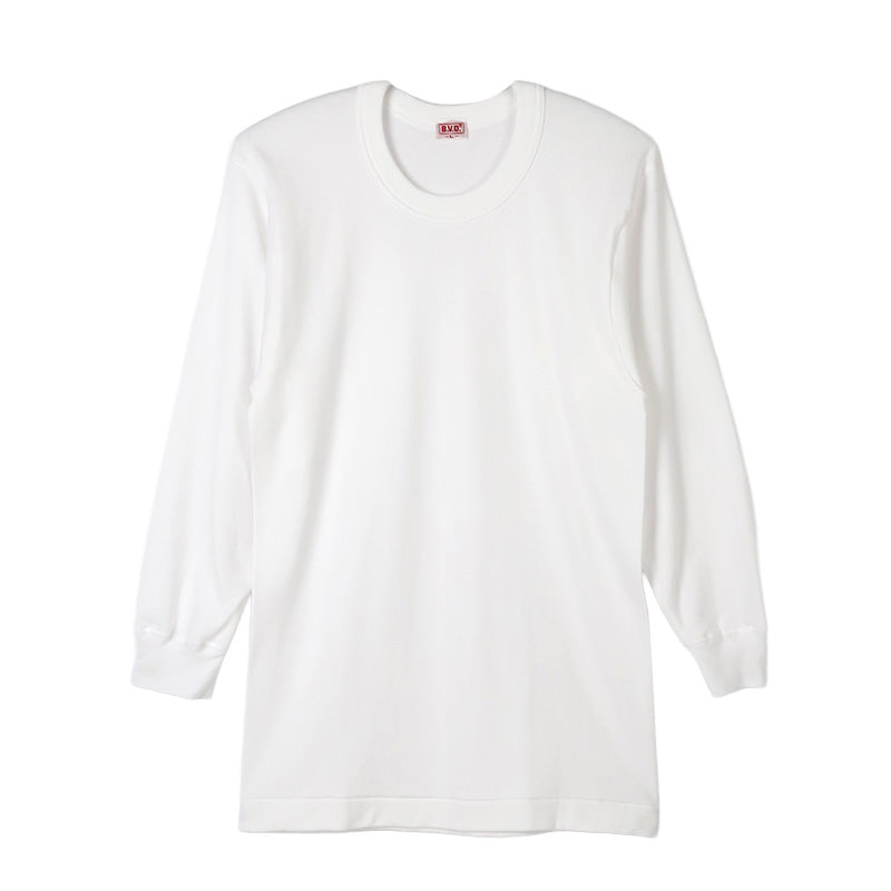 BVD 厚手 長袖 丸首 クルーネック Tシャツ メンズ インナー 下着 綿100 白 M L B.V.D コットン100％ 冬 保温 吸湿 防寒 厚地 丈夫 長持ち 肌着 防寒インナー 寒さ対策シャツ 白シャツ インナーウェア ギフト プレゼント 父の日 敬老の日