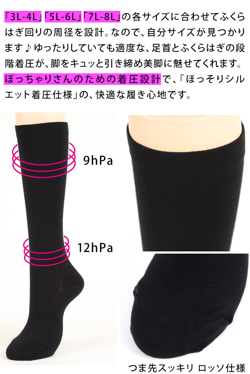 大きいサイズ 着圧ソックス ハイソックス レディース 靴下 ゆったり 22-24cm～23-25cm 黒 女性 プラスサイズ ぽっちゃり ビジネス 通勤 むくみ フリーフィット