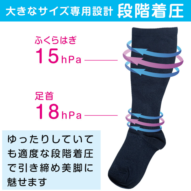 着圧ソックス 大きいサイズ 綿混 ハイソックス 足口 ゆったり 22-24cm ぽっちゃり プラスサイズ むくみ 靴下 段階着圧 ビジネス 通勤 黒 レディース 3L 4L 5L 6L 7L 8L FreeFit フリーフィット