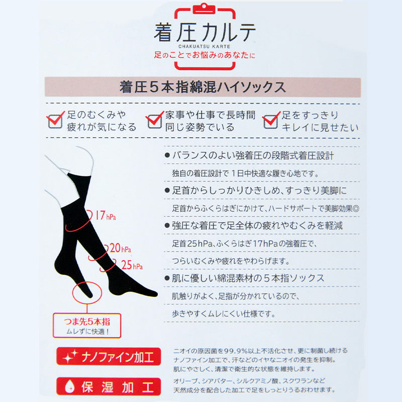 着圧 5本指ソックス ハイソックス レディース 靴下 綿 S・M 五本指ソックス 着圧ソックス 保湿 引き締め むくみ 疲れ