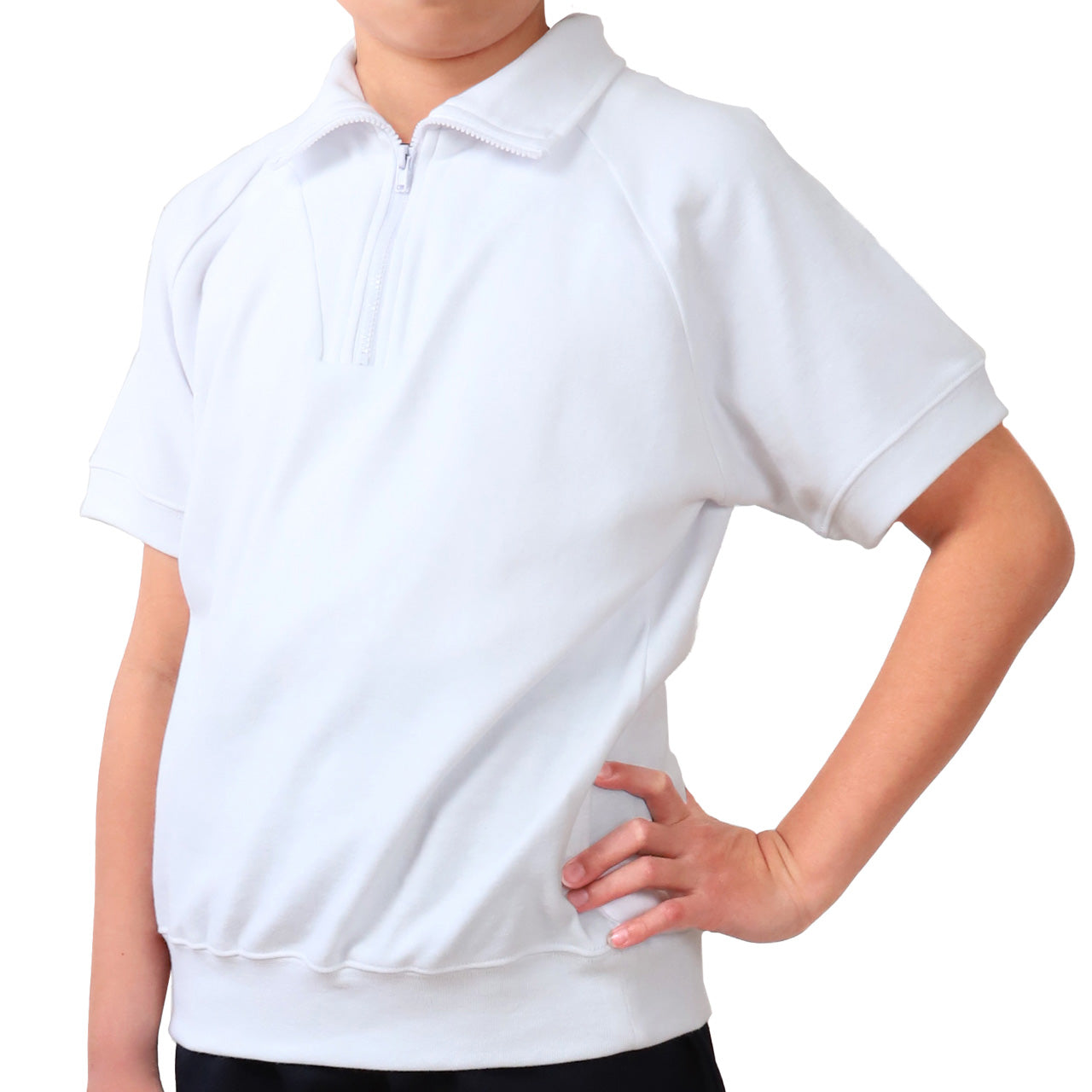 体操服 半袖 襟付き 小学生 体操着 小学校 男子 女子 110～160cm 襟 速乾 半そで 白 ファスナー 衿つき 運動着 女の子 男の子 子供 キッズ スクール 綿 体育 (送料無料) (在庫限り)