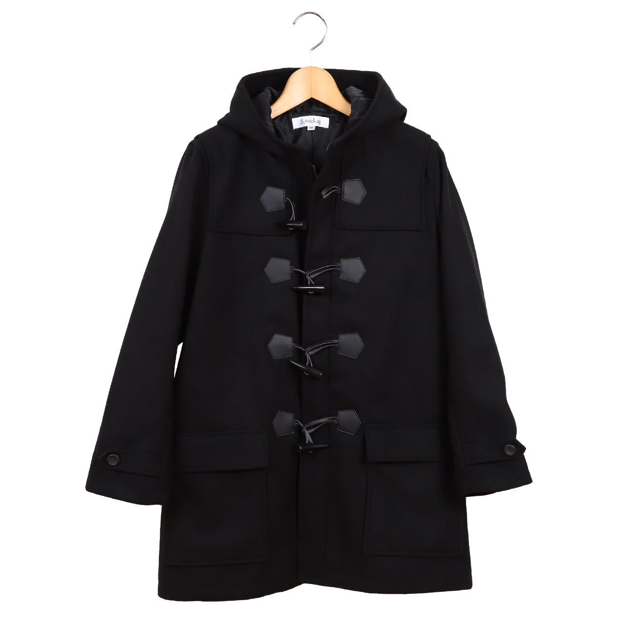 小学生 ダッフルコート スクールコート 男の子 女の子 ウール混 120～160cm 軽い 制服 コート 子供 キッズ 中学生 アウター 防寒 暖かい 黒 紺 無地 シンプル 前ファスナー フード ゆったり 120 130 140 150 160 (送料無料) (在庫限り)