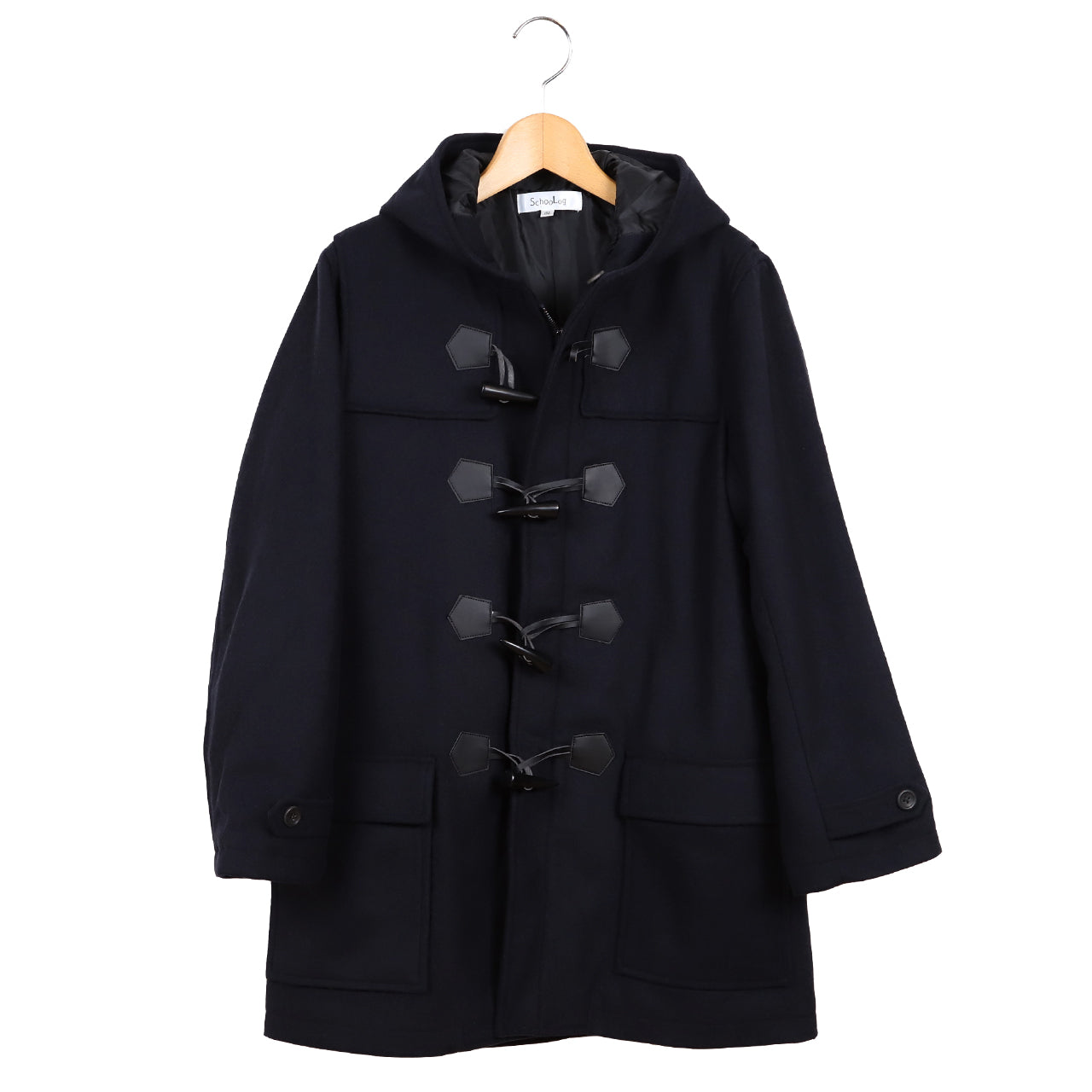 小学生 ダッフルコート スクールコート 男の子 女の子 ウール混 120～160cm 軽い 制服 コート 子供 キッズ 中学生 アウター 防寒 暖かい 黒 紺 無地 シンプル 前ファスナー フード ゆったり 120 130 140 150 160 (送料無料) (在庫限り)