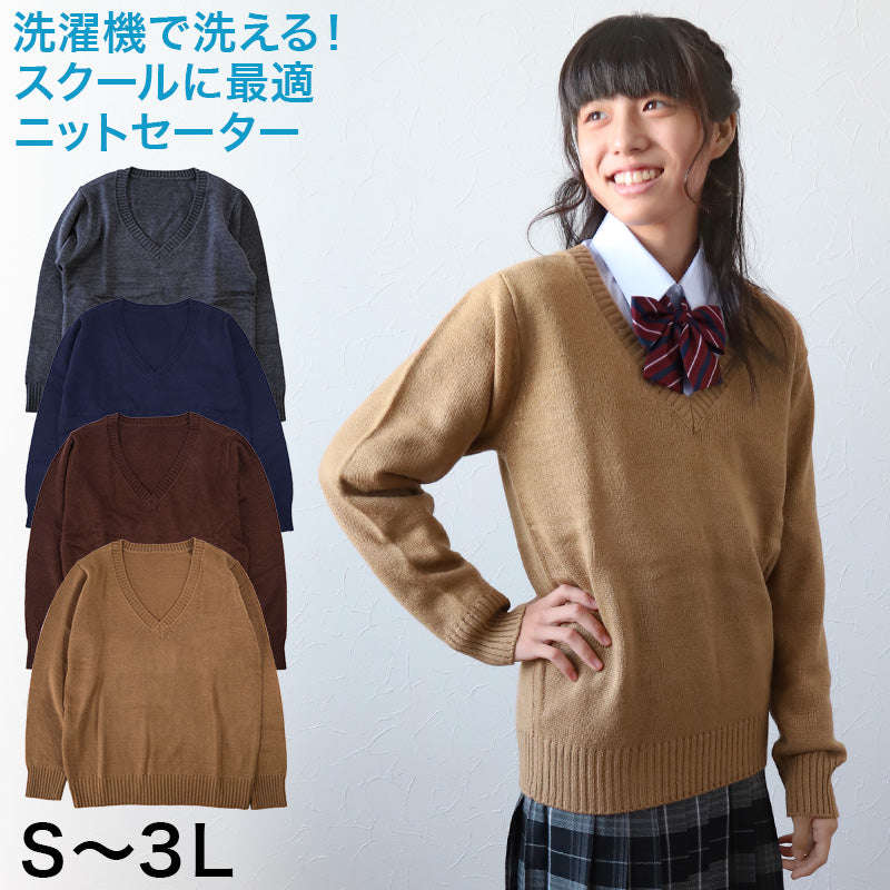 スクールセーター 女子 高校生 制服 ニット セーター 学生 Vネック S～3L 洗える 中学生 ウール 学校 無地 紺 ベージュ 大きいサイズ 冬 秋 レディース スクール 女子高生 長袖 M L LL 3L (在庫限り)