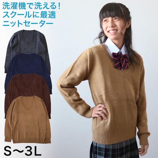 スクールセーター 女子 高校生 制服 ニット セーター 学生 Vネック S～3L 洗える 中学生 ウール 学校 無地 紺 ベージュ 大きいサイズ 冬 秋 レディース スクール 女子高生 長袖 M L LL 3L (在庫限り)