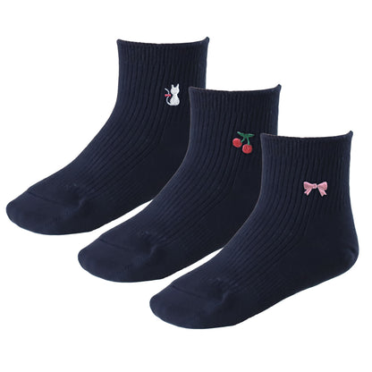スクールソックス ワンポイント キッズ 靴下 小学生 中学生 ショートソックス 3足セット 14-16cm～18-20cm 子供 女の子 女子 白 紺 黒 小さいサイズ 両面刺繍 保育園 幼稚園 ショート丈 猫 リボン かわいい 通園 通学 子ども まとめ買い
