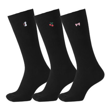 スクールソックス ワンポイント 女子 男子 スリークォーター丈 靴下 3足セット 14-16cm～18-20cm (白 紺 黒 通園 通学 ソックス 小学生 学校 子供 キッズ 両面刺繍 スクログ)
