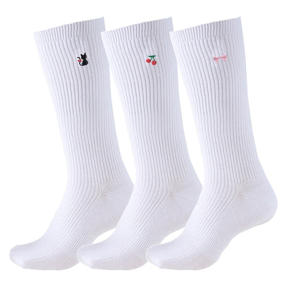 スクールソックス ワンポイント 3足セット 女子 靴下 通学 スリークォーター丈 14-16cm～18-20cm 白 紺 黒 短め ハイソックス 小学生 中学生 学校 子供 キッズ 両面刺繍 かわいい 通園
