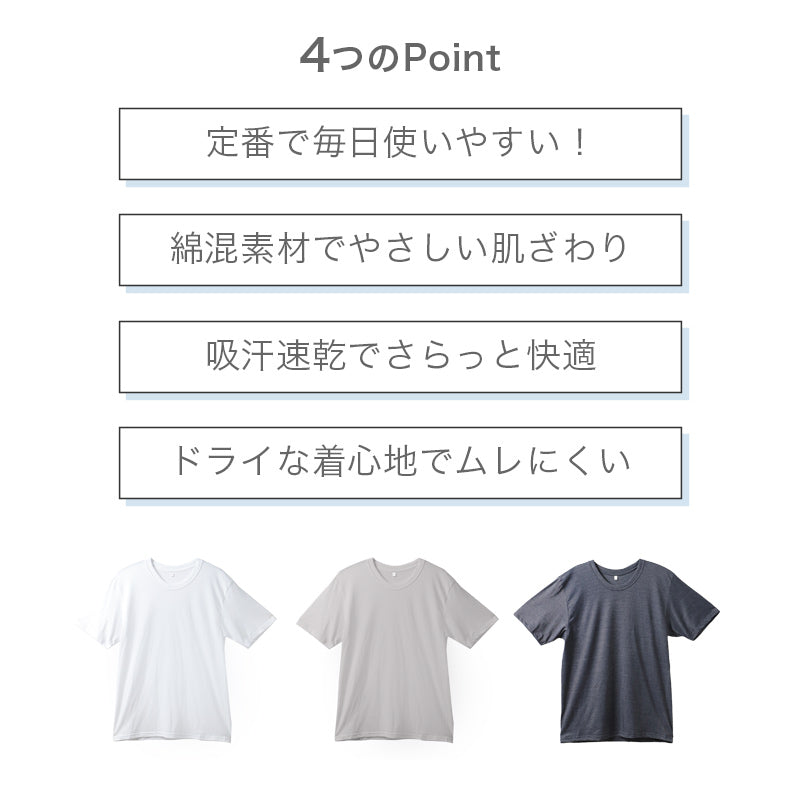 メンズ インナー 半袖 丸首 Tシャツ 綿混 ドライ 吸汗速乾 肌着 下着 M L LL さらっと 白 グレー チャコール 紳士 男性 クルーネック 春 夏 綿混インナー ドライインナー 速乾インナー 汗対策 ムレにくい 運動 スポーツ ランニング ジョギング