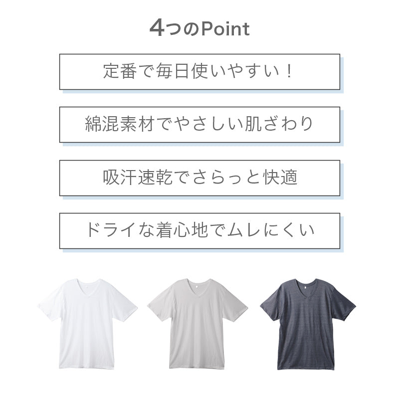 メンズ インナー 半袖 Vネック Tシャツ 綿混 ドライ 吸汗速乾 肌着 下着 M L LL さらっと 白 グレー チャコール 紳士 男性 クルーネック 春 夏 綿混インナー ドライインナー 速乾インナー 汗対策 ムレにくい 運動 スポーツ ランニング ジョギング