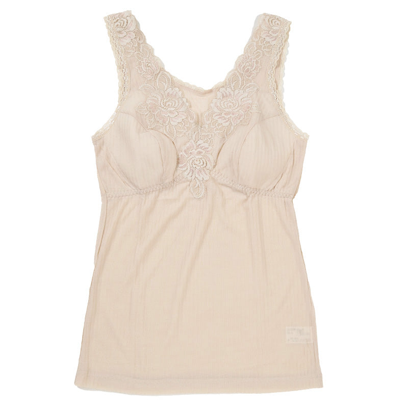 ブラキャミ レディース インナー カップ付き キャミソール 日本製 シルク混 M L LL バスト安定 幅広ストラップ 針抜き編み パワーネット 背中メッシュ パッド挿入可能 肌ざわり 通気性 伸縮性 軽やか ピンク ベージュ ラベンダー (在庫限り)