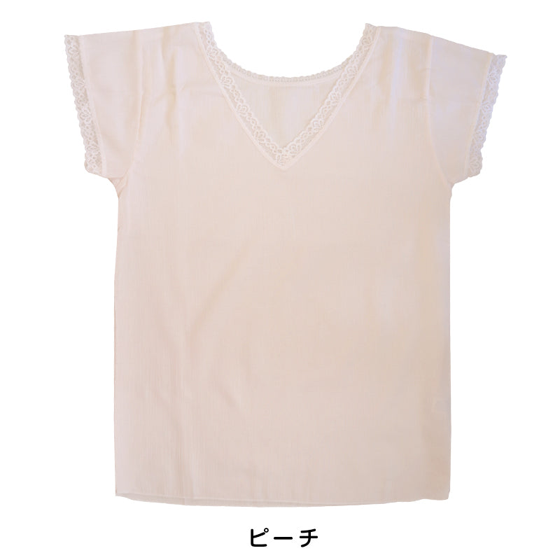 素肌工房 甘撚 綿100% フレンチ型インナー 半袖 M～LL 綿 下着 レディース シャツ 夏 フレンチ袖 2分袖 無地 女性 肌着 薄手 クレープ (在庫限り)