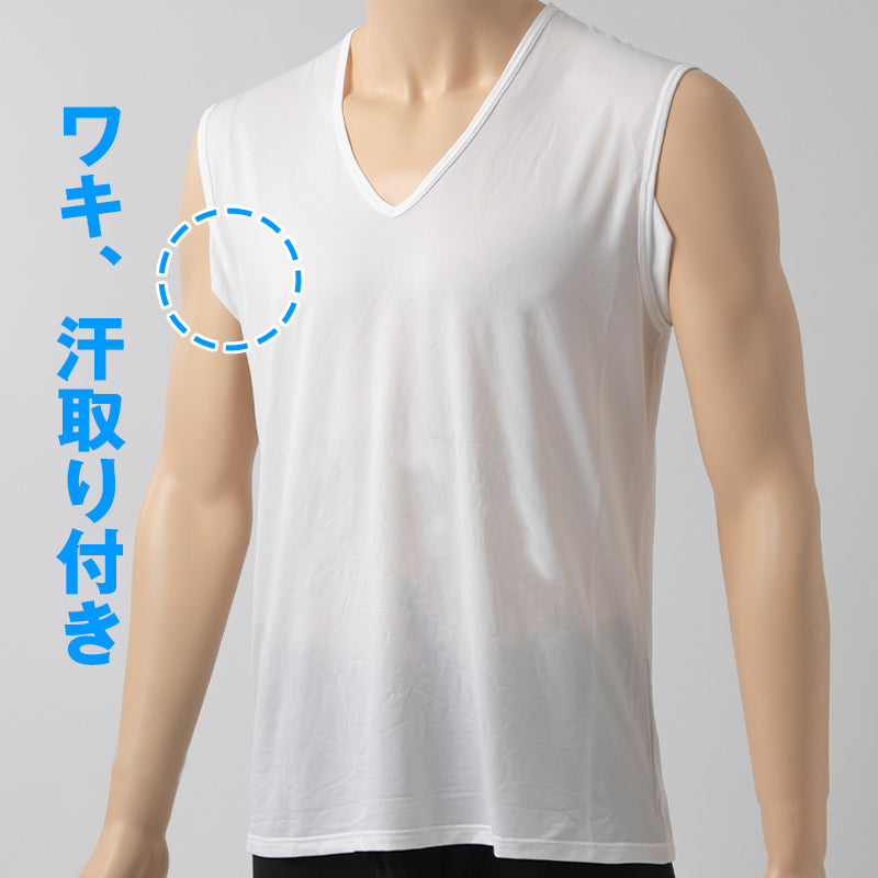 メンズ インナー Tシャツ ノースリーブ Vネック 汗対策 汗取り付き 涼しい 冷感 薄い 夏 吸汗速乾 ムレない ストレッチ 伸びる 伸縮性 汗染み防止 下着 肌着 汗で蒸れにくい 脇部分2重 汗シート 白 黒 M L LL