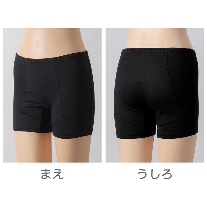 オーバーパンツ 重ね履きパンツ サニタリー 防水布付き 透け防止 1分丈 接触冷感 涼しい インナー ひんやり やや薄手 蒸れない メッシュ 通気性 スカートの下に重ねて安心 無地 ブラック 黒 サラサラ 透けない スカート ズボンの下 レディース 高校生 生理 M L LL (在庫限り)