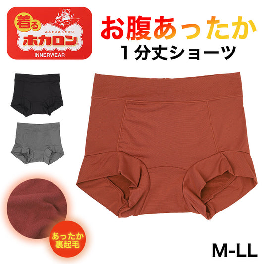 ショーツ レディース 裏起毛 1分丈 お腹当て付き あったか 保温 ストレッチ M L LL  冬 防寒 インナー パンツ お腹すっぽり 暖かい 下着 女性 婦人 肌着 冬用 秋冬 寒さ対策 ホカロン プリントショーツ ポリエステル 伸縮性 フィット 1枚ばき
