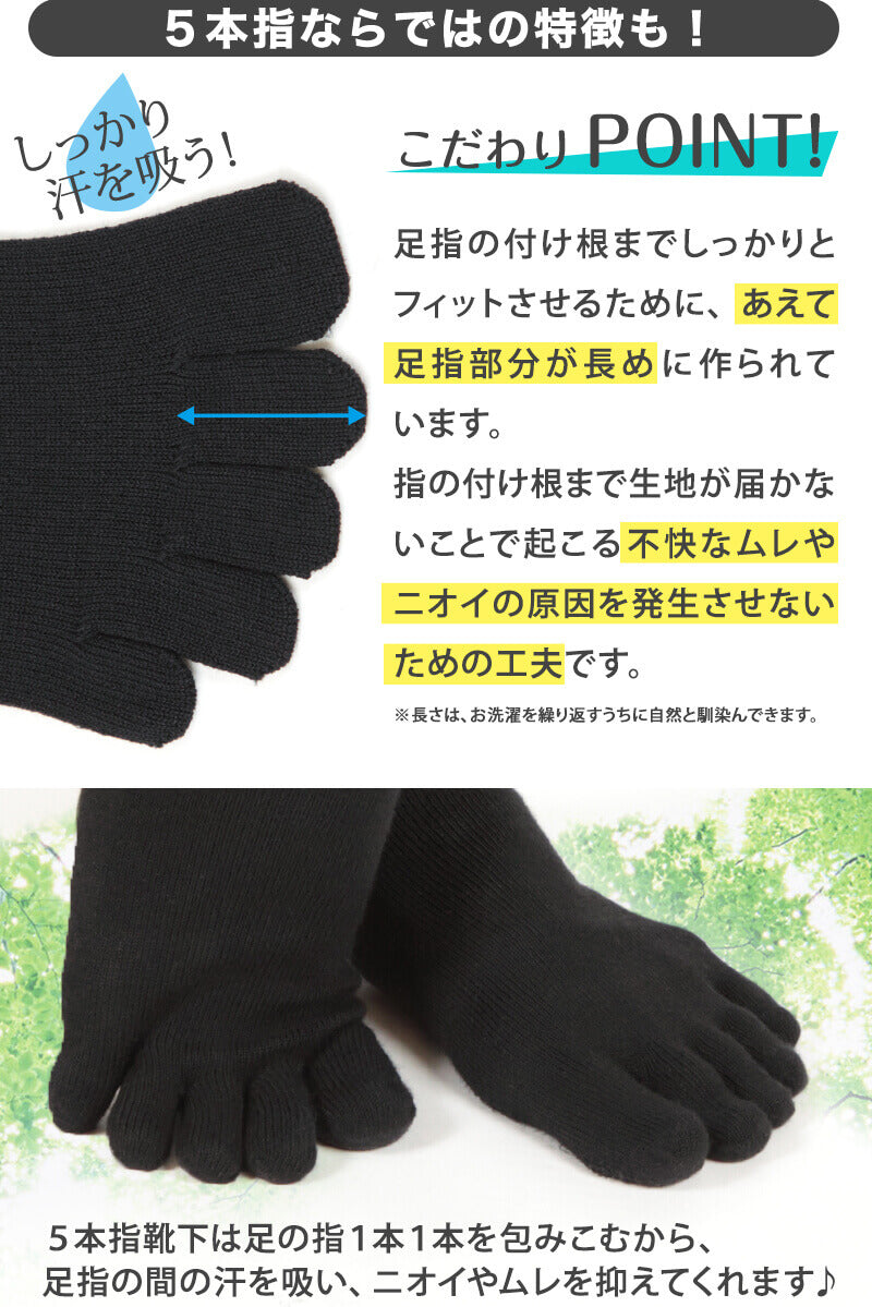 5本指ソックス レディース用 黒 16cm～30cm (水虫対策 五本指靴下 クルー丈 大きいサイズ 婦人 女性 ビジネス スポーツ 立ち仕事)