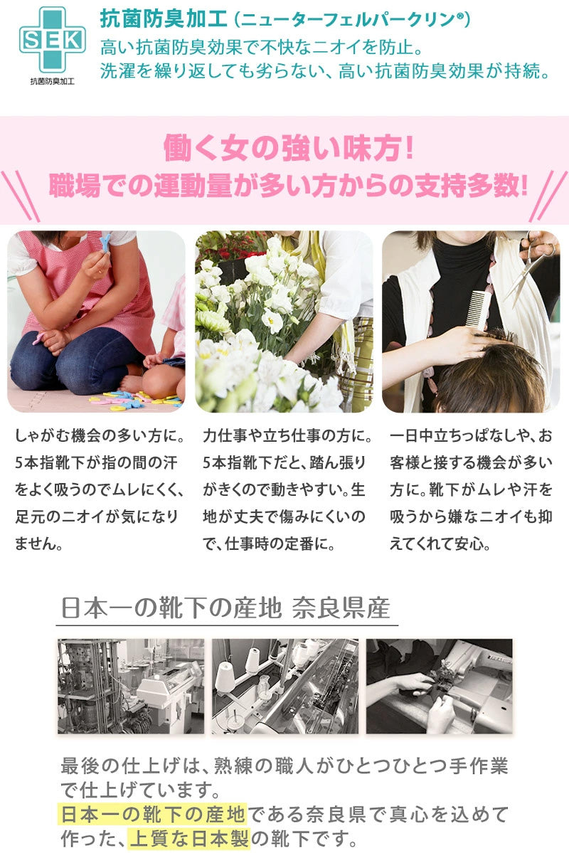 5本指ソックス レディース クルー丈 22-24cm (五本指 靴下 汗 ニオイ 5本指靴下 ムレ 足 冷え対策 冷え取り スポーツ 仕事 おしゃれ かわいい  抗菌防臭 吸汗 丈夫 しっかり 女性 日本製) (在庫限り)