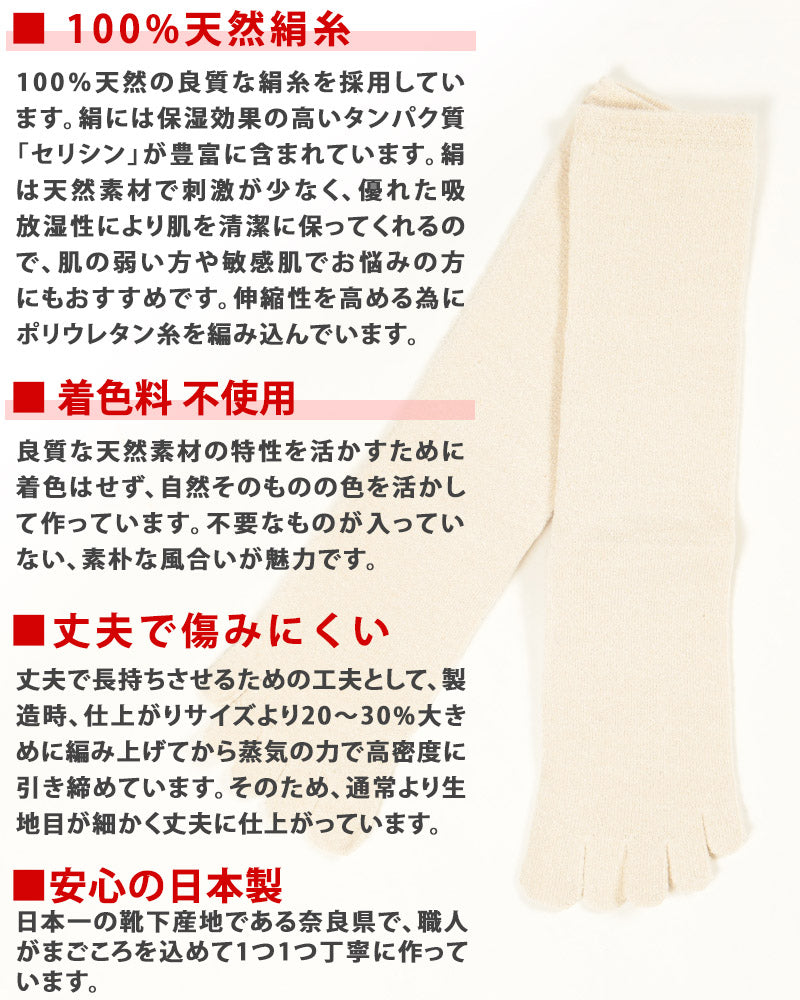 5本指ソックス レディース シルク クルーソックス 22-24cm (靴下 5本指 ソックス 蒸れない 日本製 5本指靴下 五本指ソックス) (在庫限り)