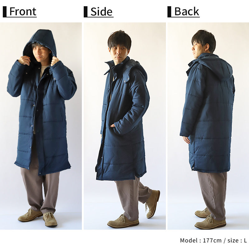ベンチコート メンズ ロング 無地 撥水 防寒 防風 アウトドア 大きいサイズ 大人用 M～3L 男女兼用 レディース ロングコート コード フード付き 観戦 スポーツ観戦 中綿 防寒着 軽い 軽量  暖かい ゆったり シンプル おしゃれ コーデ アウター  (送料無料)