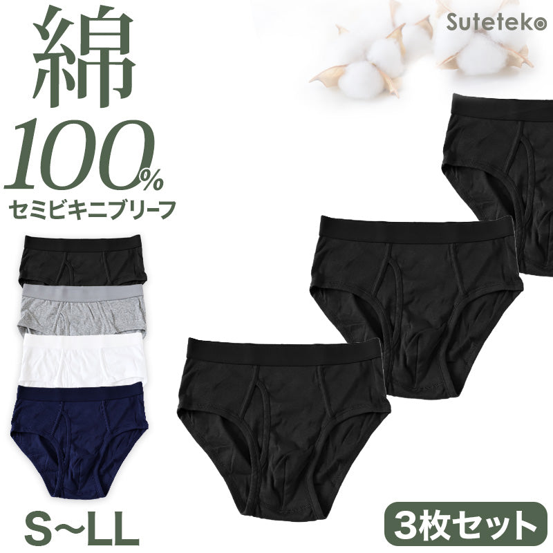セミビキニブリーフ メンズ ブリーフ 綿100% 前開き 3枚セット S M L LL 下着 インナー ブリーフパンツ 肌着 紳士肌着 男性 紳士 パンツ 綿100％ コットン 3枚組 まとめ売り