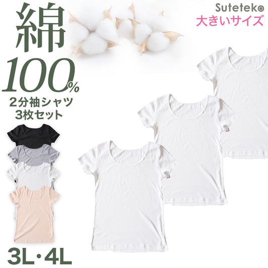 綿100% インナー レディース 半袖 2分袖 tシャツ 大きいサイズ 3枚セット 3L 4L 肌着 綿 シャツ 下着 女性 婦人 コットン 無地 白 グレー 黒 ベージュ シンプル ベーシック シンプル 通年 綿% コットン cotton 爽やか 着こなし 肌色 灰 3枚組 まとめ売り