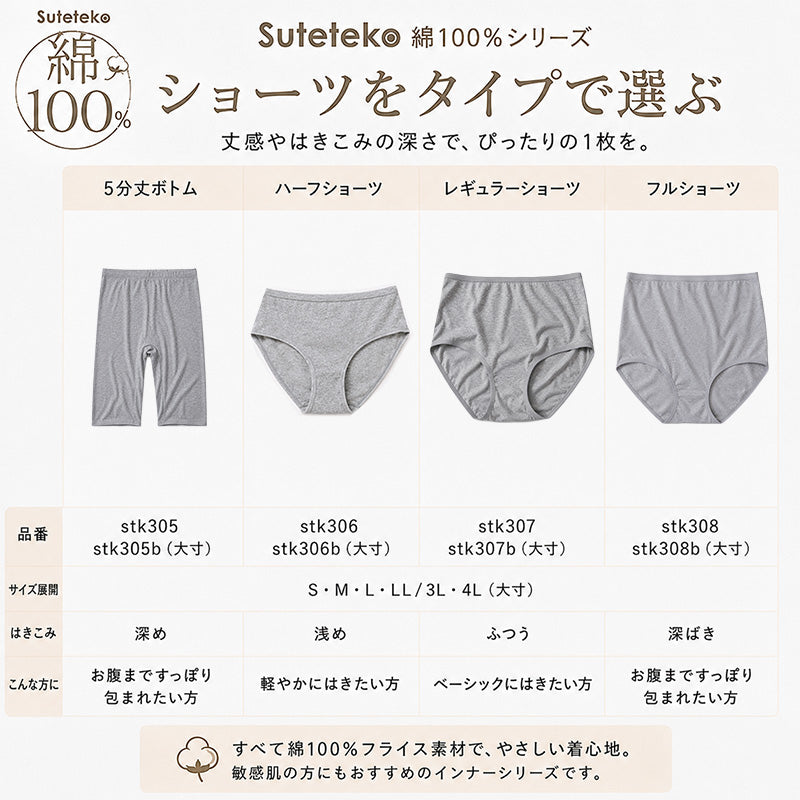 ハーフショーツ 綿100% レディース 3枚セット 3L 4L 浅履き 大きいサイズ インナー 下着 コットン シンプル 無地 黒 グレー Suteteko パンティ レディースランジェリ ベーシック シンプル 通年 綿% コットン 爽やか 着こなし 3枚組 まとめ売り