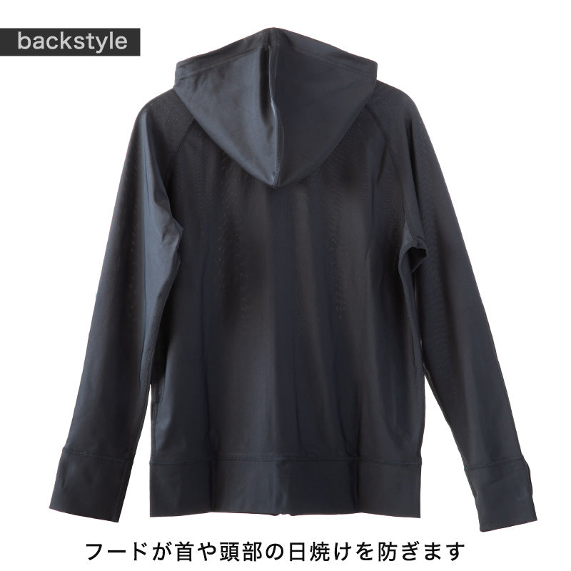 ラッシュガード 長袖 レディース パーカー フード付き 指あき uvカット 無地 黒 上着 S～4L 紫外線対策 体型カバー 水着 ママ 大きいサイズ 日焼け スポーツ 海 大人 30代 40代 50代